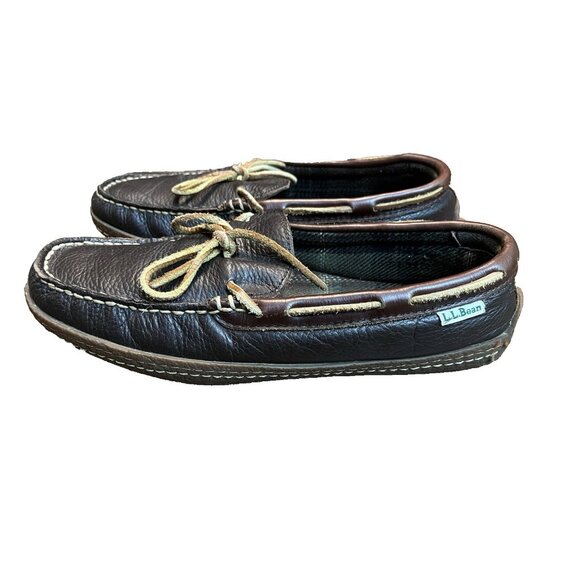 LL Bean Handsewn Slippers Shoes Men\'s 8M Flannel Lined Brown Leather 212164 main image 5